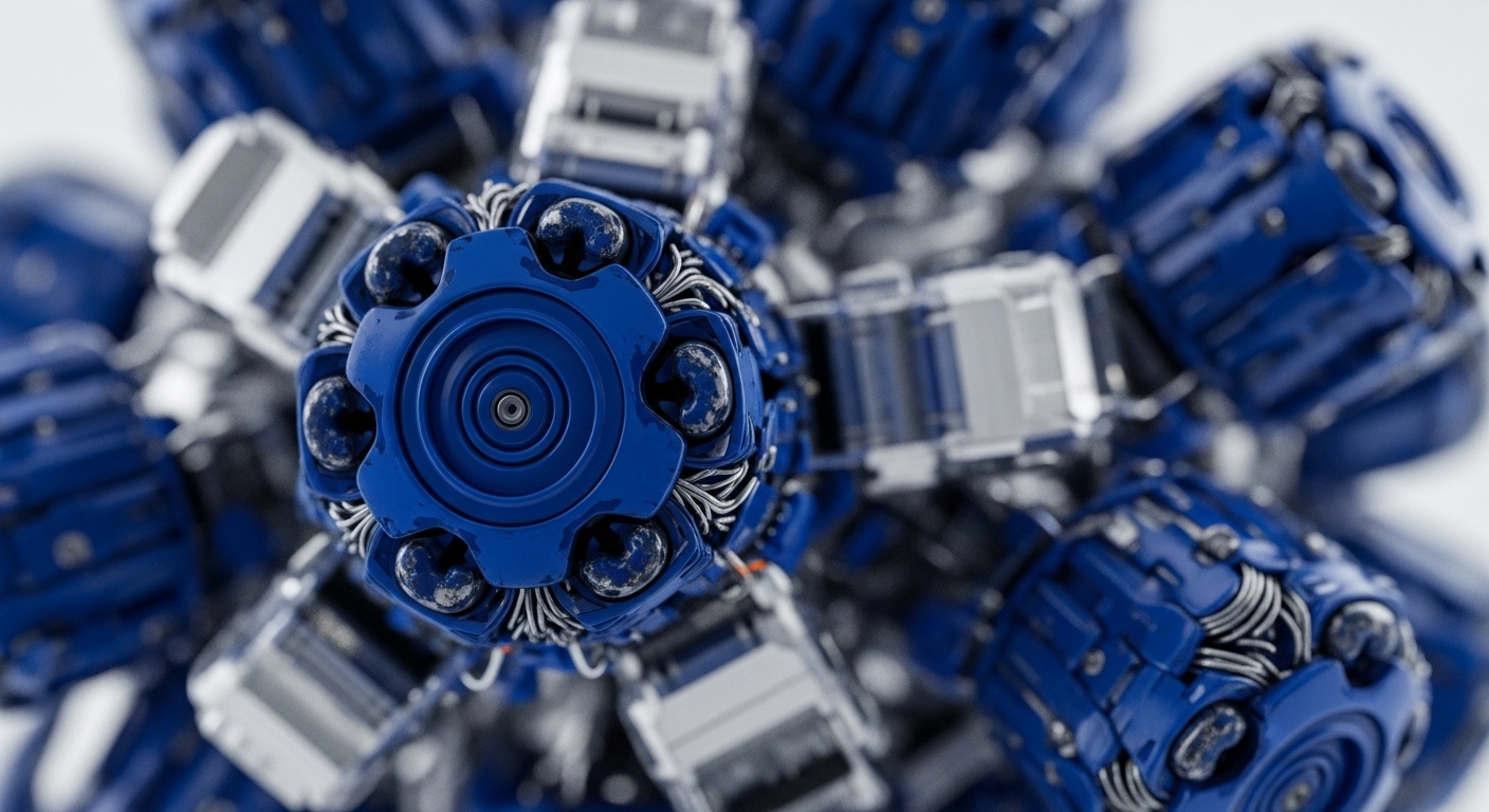 The image displays a complex, highly detailed mechanical assembly, dominated by a central blue gear-like component with radiating arms and intricate wiring. Sharp focus on the central mechanism highlights its textured spherical nodes and metallic internal structures, while peripheral elements blur into the background
