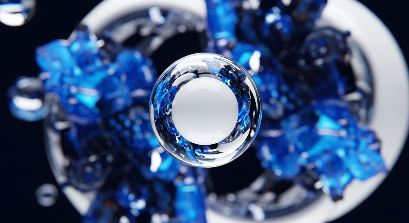A clear, reflective sphere containing a bright white core dominates the center, surrounded by abstract, blurred blue and dark elements. The background features intricate, crystalline blue structures and darker components, all softly out of focus, suggesting a vast, interconnected system