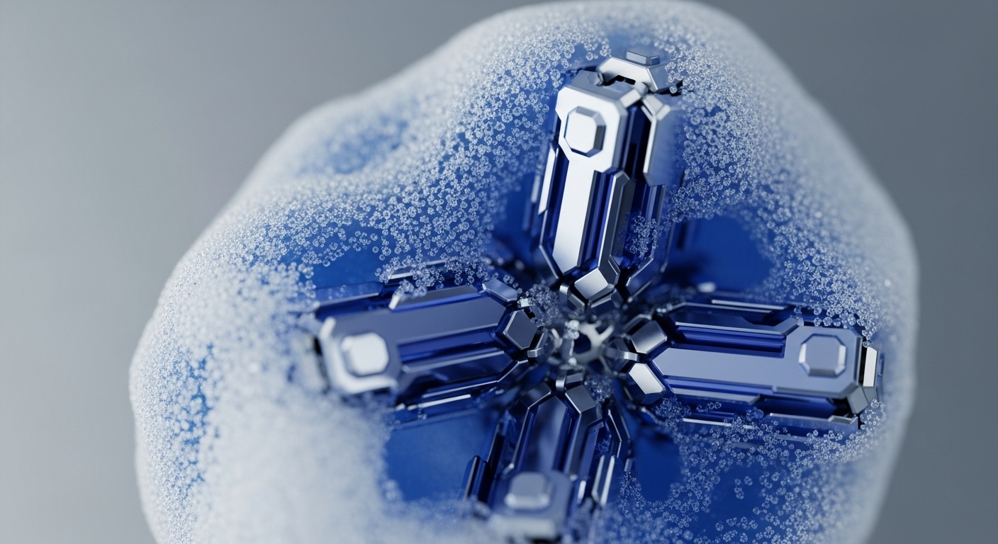 A detailed overhead view presents a central, metallic, cross-shaped mechanism embedded within a textured blue, organic form, partially covered by numerous small, crystalline particles. The metallic structure features reflective, faceted surfaces, contrasting with the soft, frosted texture of its blue host