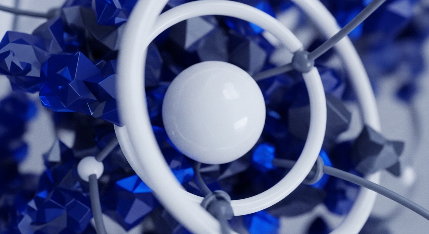A central, polished white sphere is encircled by smooth, white structural rings, interconnected by gray rods and smaller white nodes. This visual metaphor illustrates a robust decentralized network topology