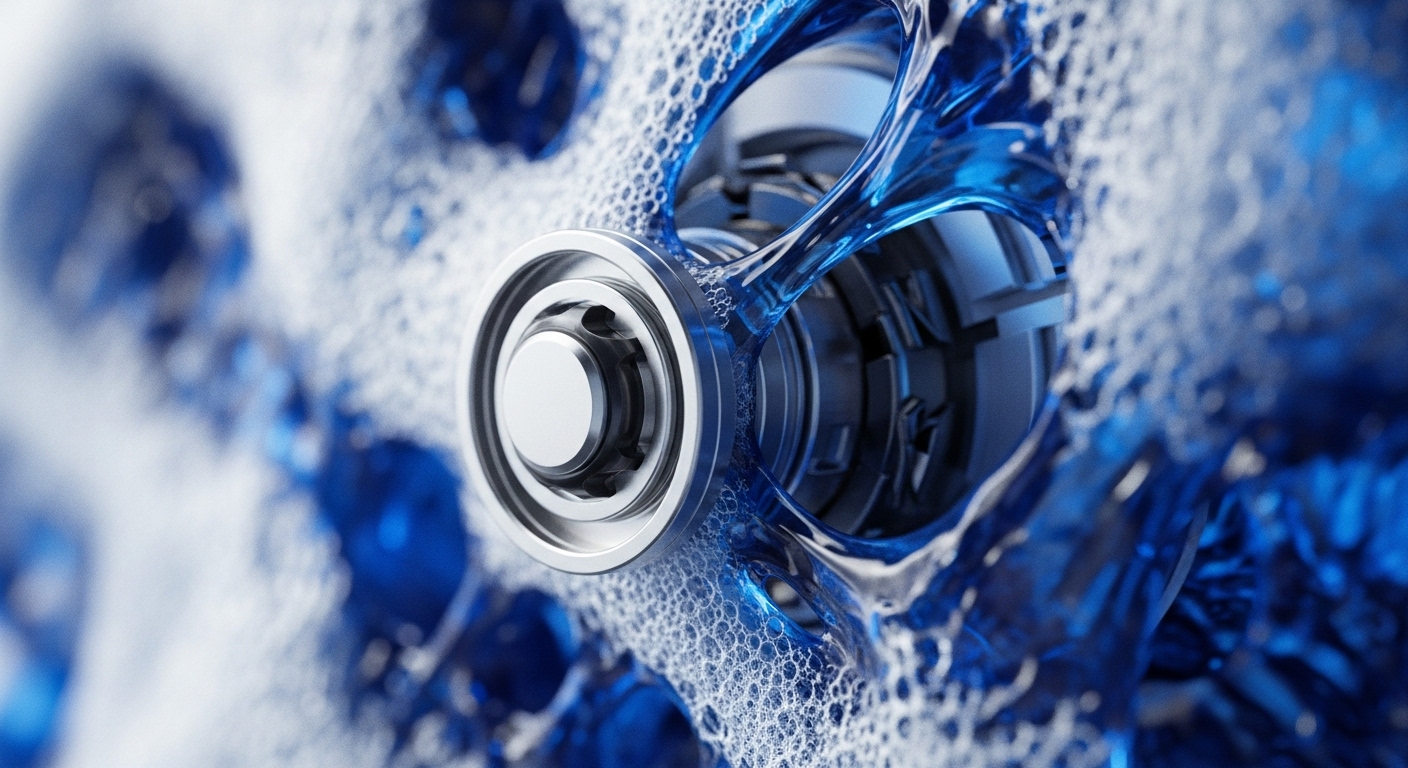 A close-up view reveals a polished silver cylindrical component, featuring a detailed, cog-like top surface, partially enveloped by a vibrant, flowing blue liquid. White, effervescent foam and bubbles actively interact with both the metallic structure and the fluid, set against a deep blue, blurred background