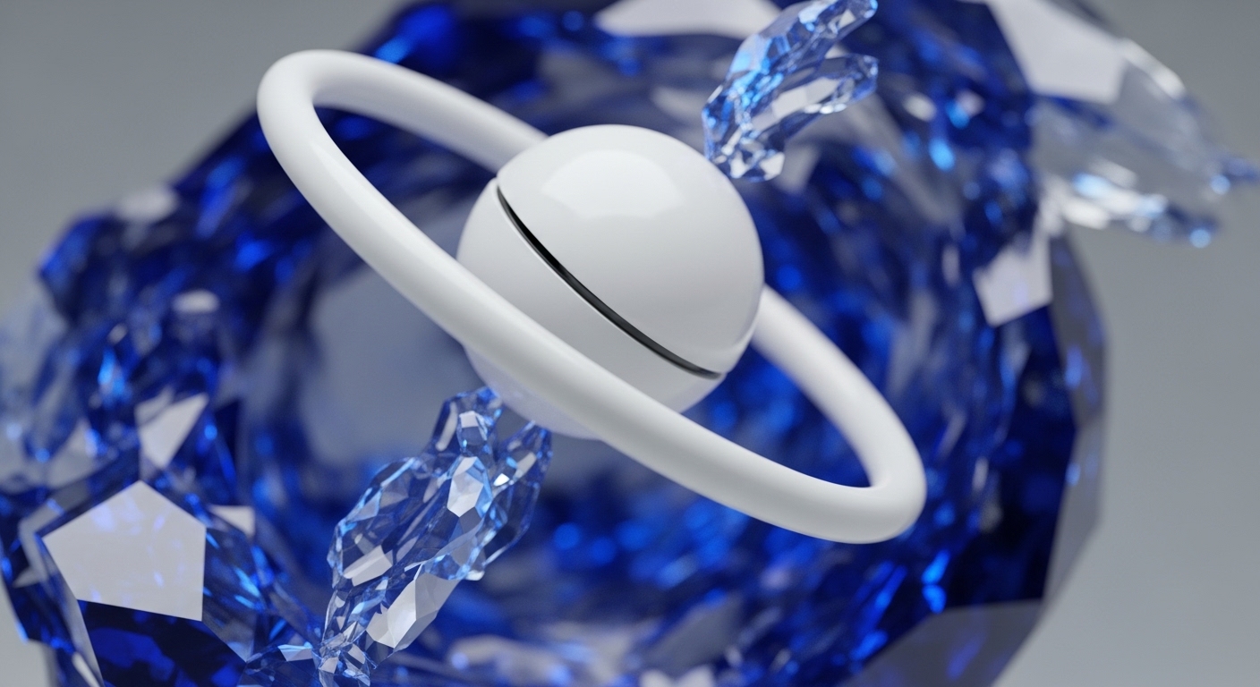 A pristine white sphere, bisected by a dark line, is centrally encircled by a thick white ring. Surrounding this central element are numerous deep blue, faceted crystalline structures, along with smaller, lighter blue crystal fragments