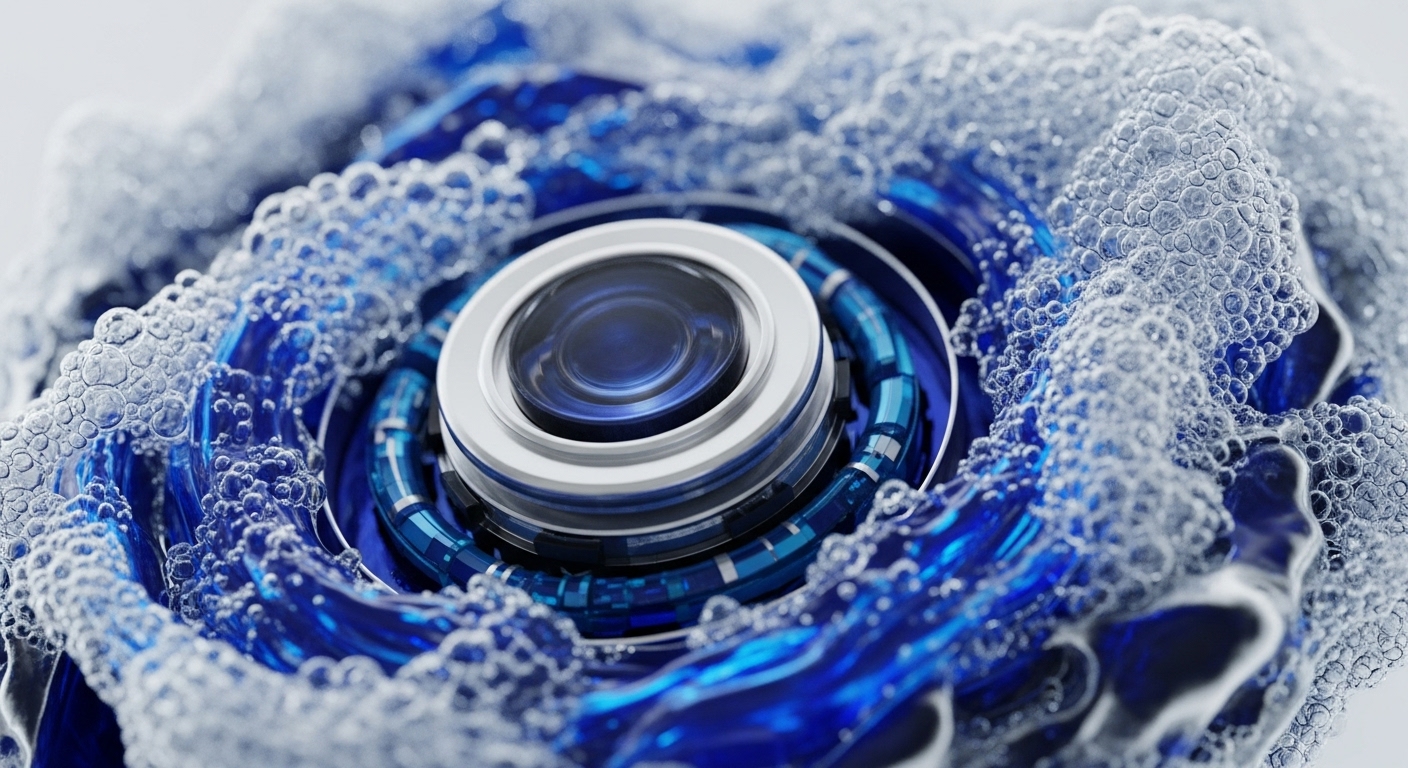 A high-resolution, abstract rendering showcases a central, metallic lens-like mechanism surrounded by swirling, translucent blue liquid and structured conduits. This intricate core is enveloped by a thick, frothy layer of white bubbles, creating a dynamic visual contrast