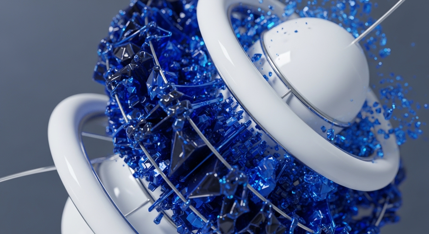 A detailed abstract image displays smooth, white, interconnected spherical and toroidal structures at its core. These are intricately surrounded by a multitude of sharp, reflective blue crystalline fragments and fine metallic rods