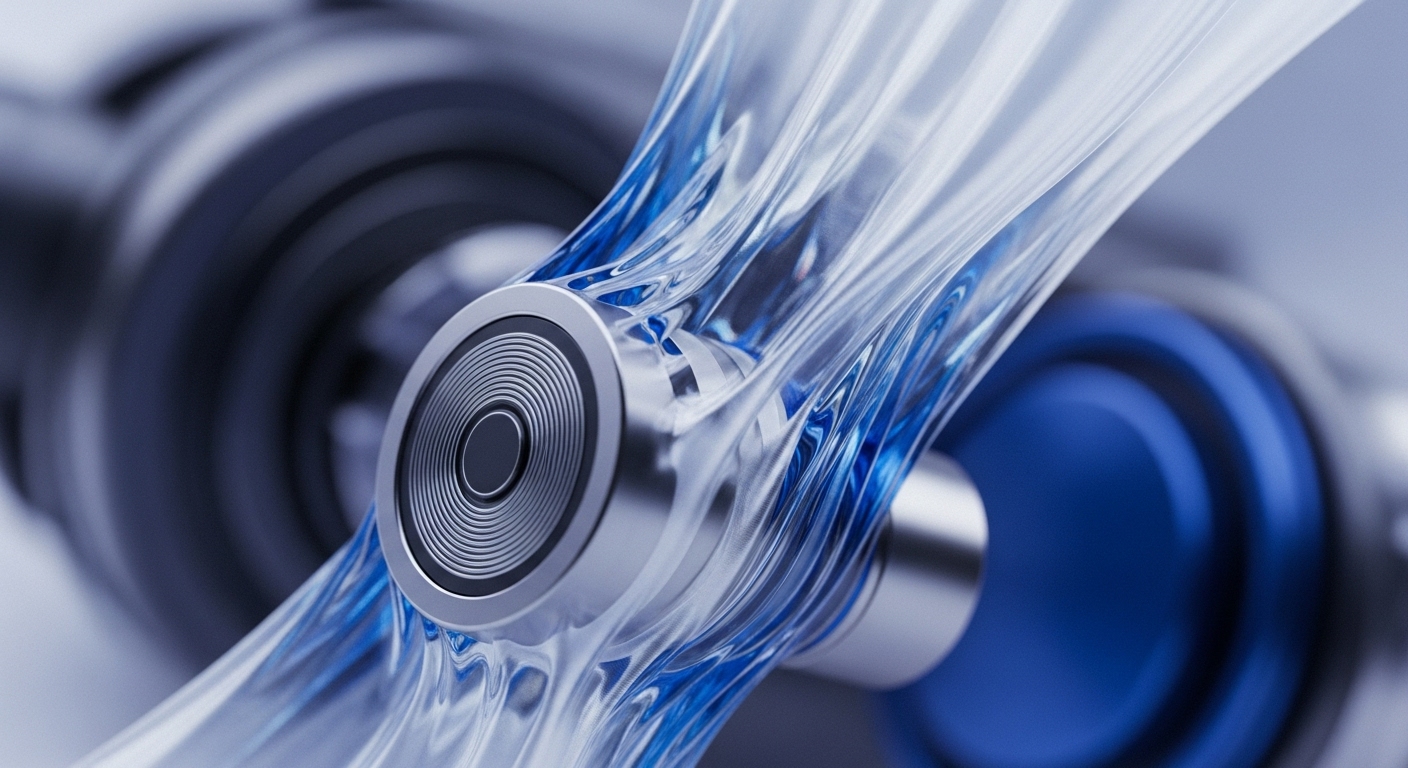 A polished metallic core component, featuring concentric grooves and a central dark aperture, anchors a dynamic, translucent stream of blue-tinged fluid. This visual metaphor represents a blockchain protocol's validator node actively processing transactional data within a high-throughput network. The fluid's energetic flow signifies real-time liquidity movement and continuous data propagation across a decentralized ledger, emphasizing efficiency and intricate smart contract execution. Blurry background elements suggest interconnected network infrastructure supporting the core mechanism.