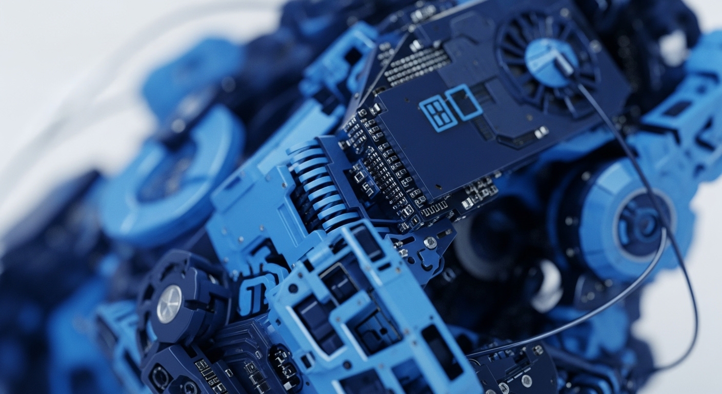 The image presents a detailed macro view of sophisticated blue-toned electronic and mechanical components, where dark blue printed circuit boards, teeming with integrated circuits and intricate pathways, are interwoven with lighter blue structural parts, including springs and housing elements, against a soft, out-of-focus white background. A prominent cooling fan, typical of high-performance computing hardware, is clearly visible, underscoring the computational intensity required for modern digital asset processing