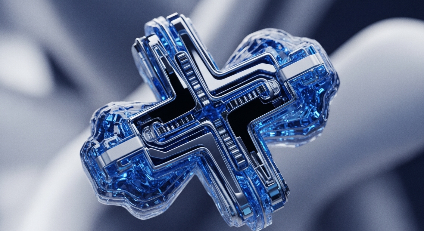 A highly detailed, metallic blue and silver abstract symbol, shaped like an "X" or plus sign, dominates the frame, encased in a translucent, fluid-like material. Its complex internal circuitry and glowing elements are sharply rendered against a soft, out-of-focus background of cool grey tones