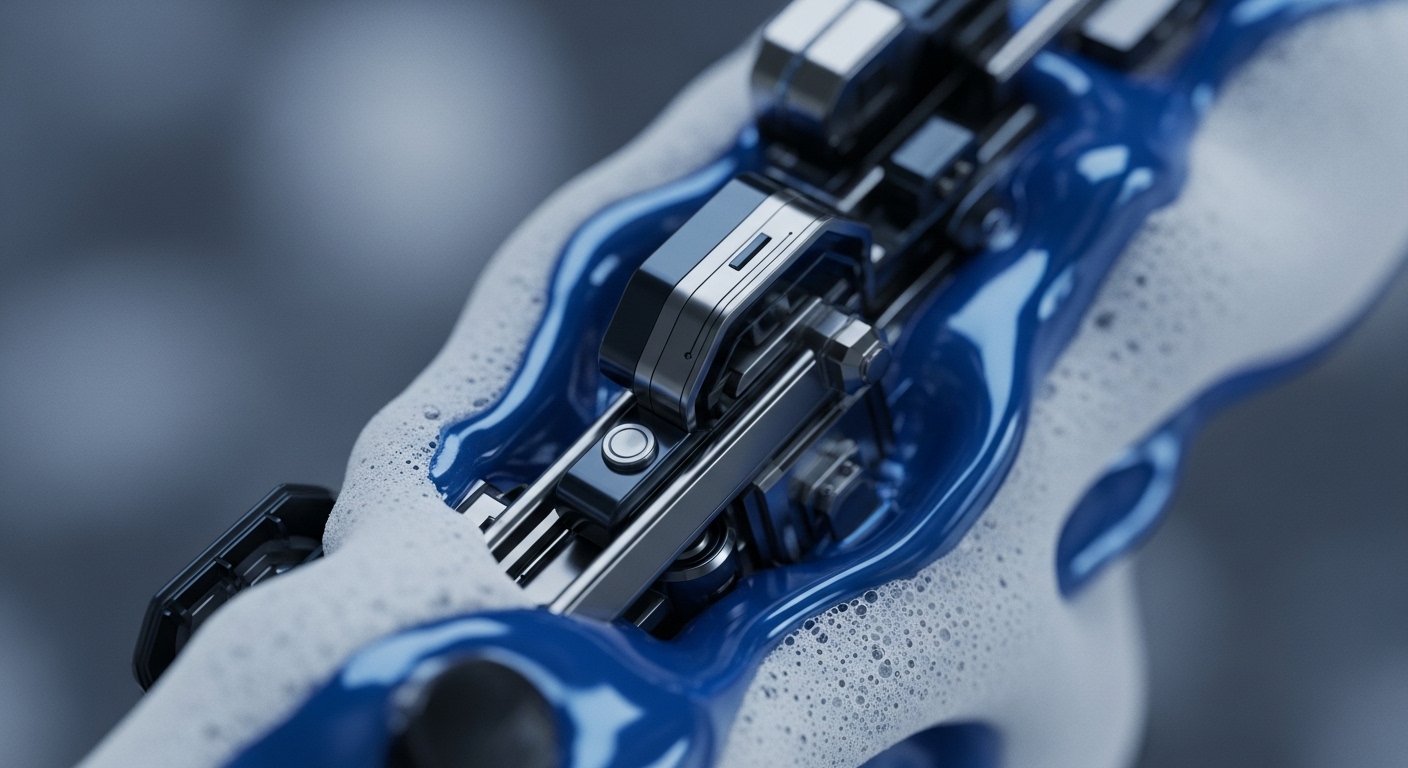 A detailed close-up shot showcases a sleek, metallic apparatus immersed in a vibrant blue, viscous fluid, with white foam actively forming around its components. The image highlights the precision engineering of the device, featuring polished surfaces and intricate mechanical connections