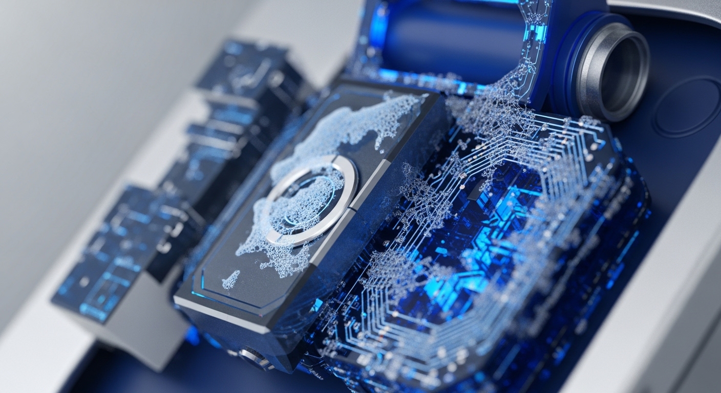 A close-up view reveals a sophisticated, dark blue metallic hardware module embedded within a larger system, illuminated by vibrant blue light. Intricate light-blue granular textures, resembling a dynamic network or data flow, cover parts of the module, particularly around a central metallic ring