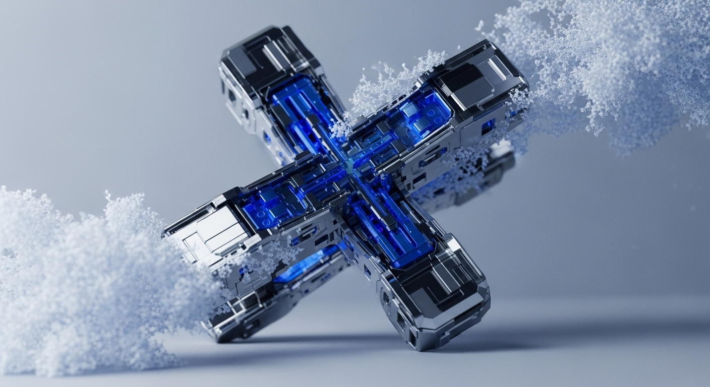A polished metallic X-shaped object with glowing blue internal channels rests on a reflective surface. White, granular particles emanate dynamically from its structure, suggesting energetic dispersal