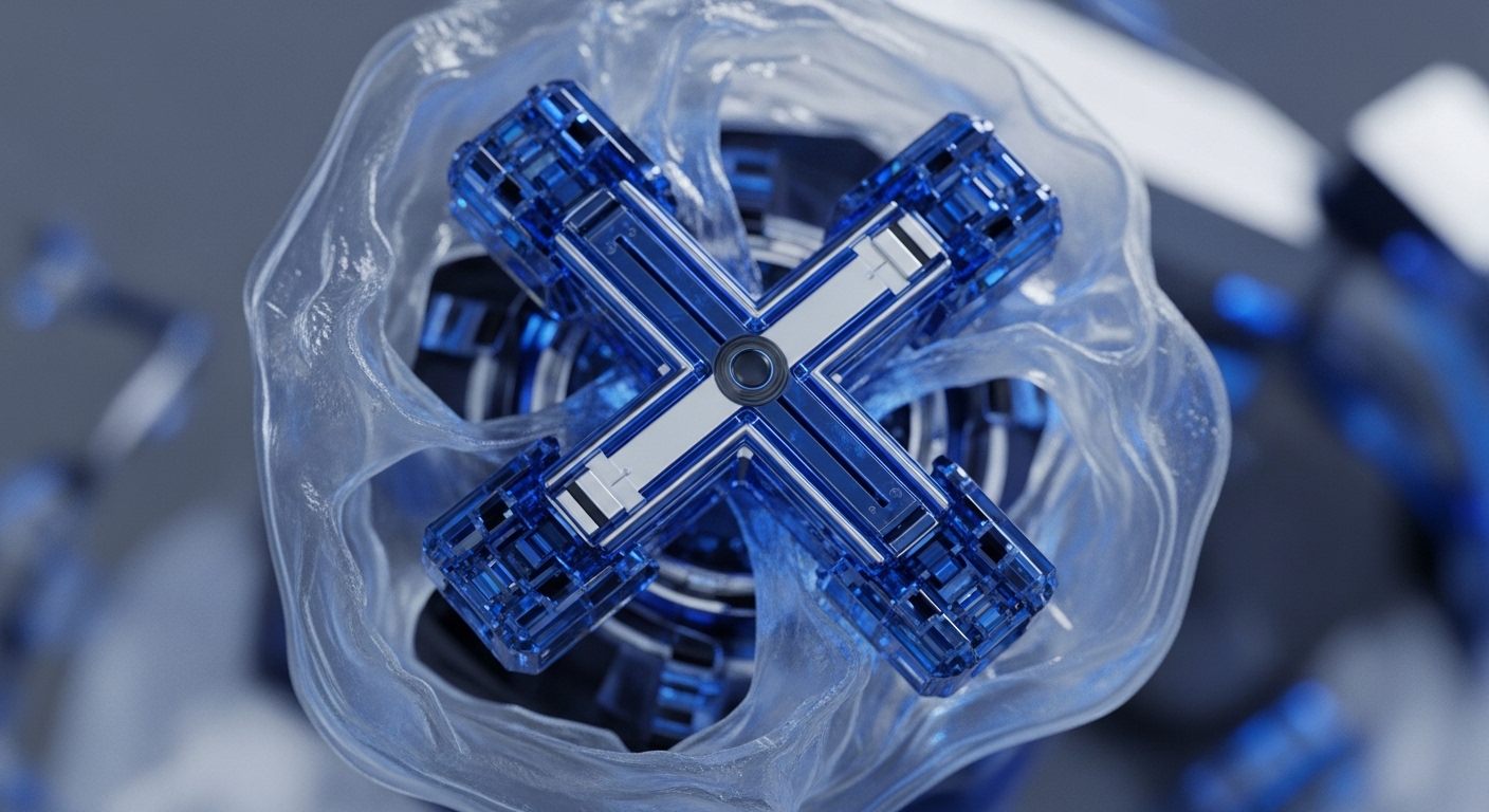 A striking X-shaped component, featuring translucent blue and reflective silver elements, is presented within a semi-transparent, fluid-like enclosure. The background subtly blurs into complementary blue and grey tones, hinting at a larger, interconnected system