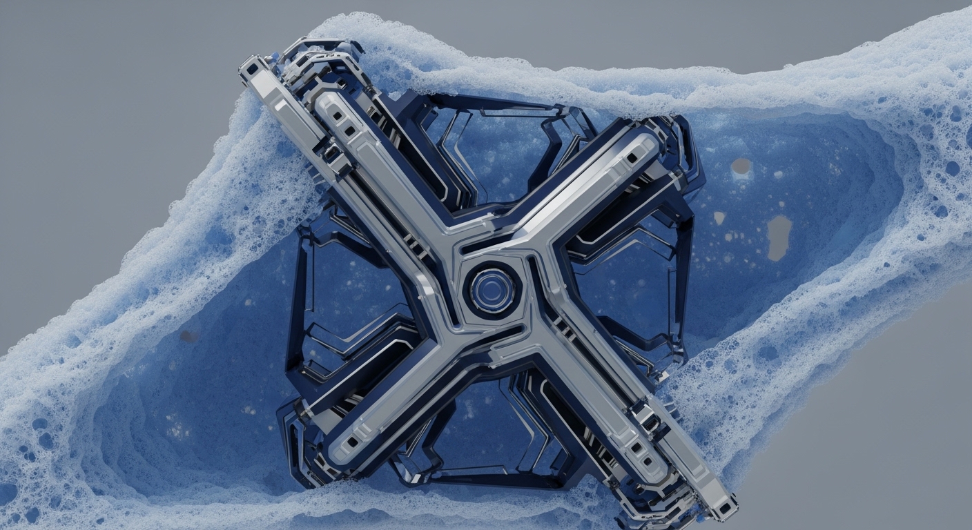 A complex, metallic X-shaped structure, featuring intricate geometric patterns in silver and dark blue, is depicted partially submerged in a frothy, light blue, cavernous substance. The robust mechanism appears to be either emerging from or interacting with the dynamic blue medium, set against a plain grey background, showcasing detailed surfaces and internal components