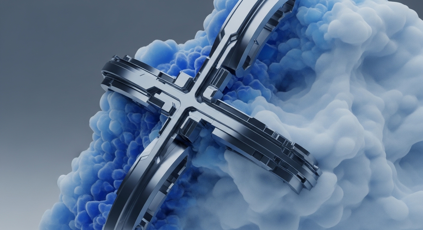 A futuristic, metallic, X-shaped structure, crafted with sharp angles and segmented components, dominates the frame, partially immersed in a swirling, cloud-like expanse. This expanse features vibrant, deep blue formations that gradually lighten and dissipate into softer, translucent white masses, set against a subtle gradient background