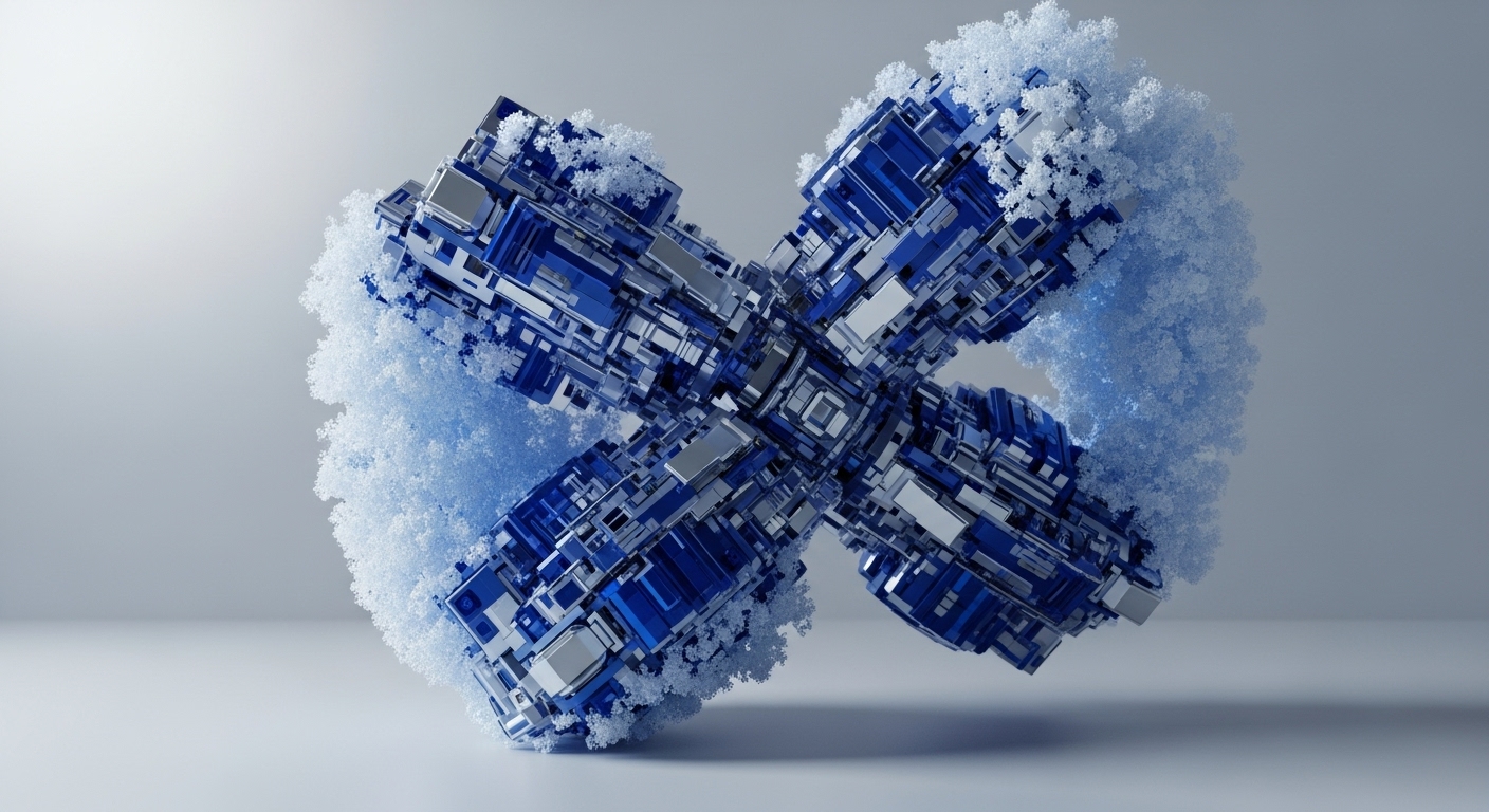 A striking, intricate X-shaped object, rendered in metallic blue and silver, is centrally displayed against a minimalist light grey background. This complex structure is partially covered by a delicate, light blue and white granular material, giving it a frosty or crystalline appearance