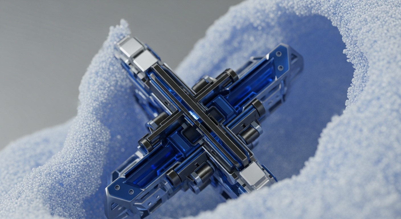 A complex, metallic, X-shaped blockchain architecture component with luminous blue accents rests within a soft, undulating bed of light blue granular material. The intricate protocol mechanism features reflective silver panels and dark grey structural elements, suggesting a robust consensus validator. A subtle blue glow emanates from its core, indicative of active data flow or transaction processing. This object appears to be a critical cross-chain interoperability module, deeply integrated into a decentralized network environment, where the granular material symbolizes the foundational distributed ledger technology DLT infrastructure.
