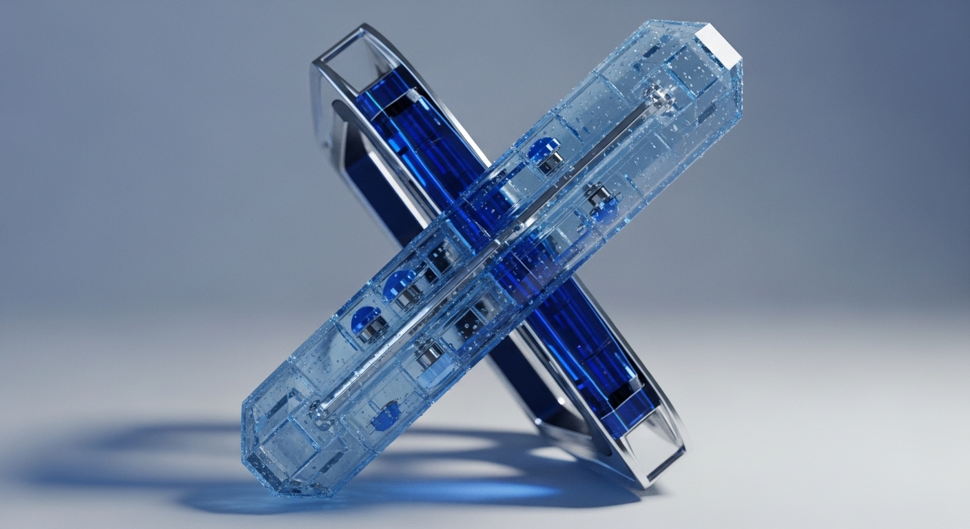 Two translucent, geometric objects, one clear light blue with internal components and granular texture, the other deep blue with metallic accents, intersect to form an 'X' shape against a subtle gradient background. This dynamic composition visually represents the intricate interplay of decentralized finance DeFi protocols and cross-chain interoperability solutions