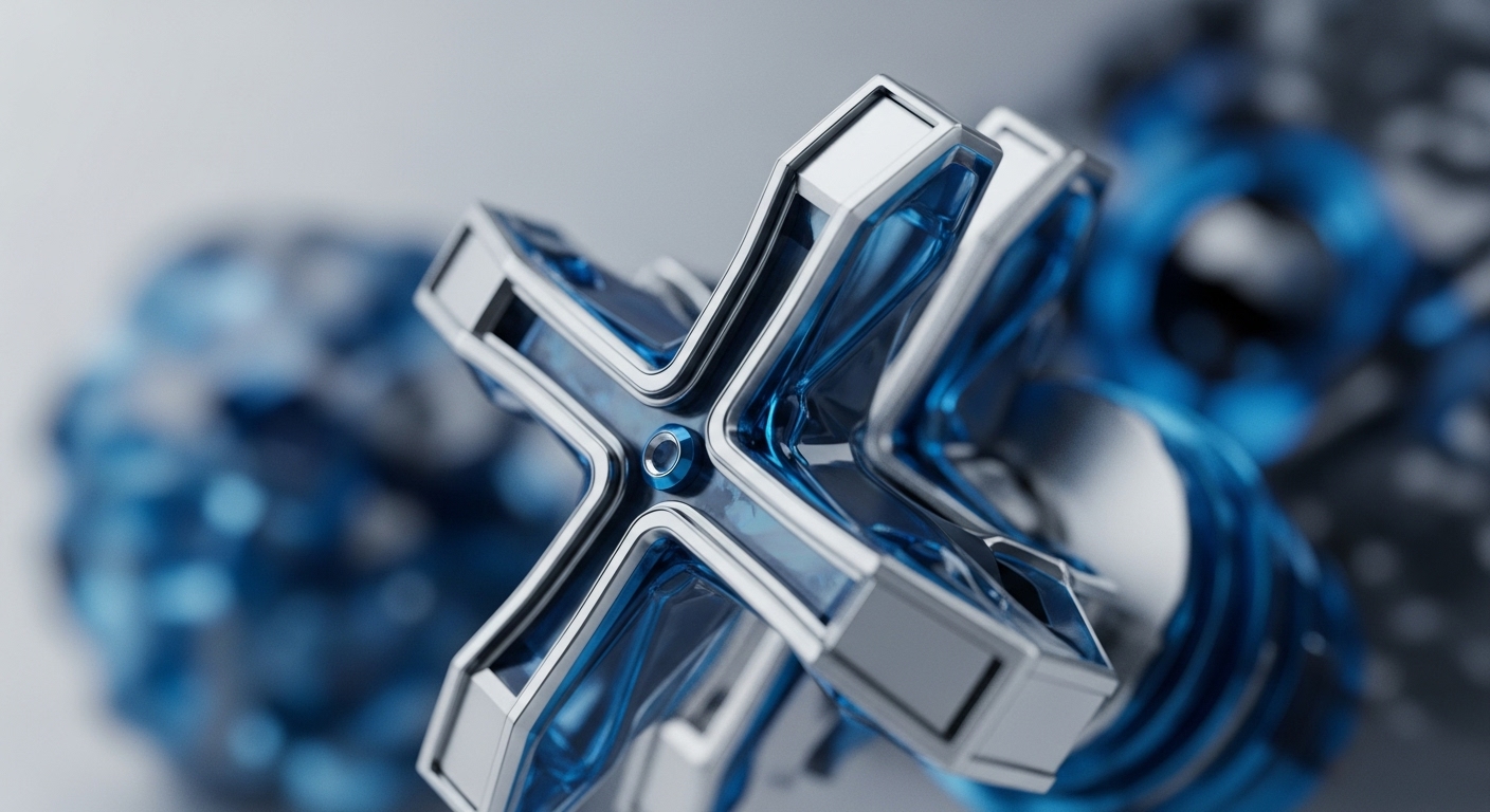 A prominent, sharply focused metallic "X" structure, filled with translucent blue elements, dominates the foreground. This sophisticated design suggests a cross-chain interoperability mechanism or a decentralized exchange DEX interface. A central circular node within the "X" implies a point of smart contract execution or transaction validation. Blurred, abstract blue forms in the background represent the intricate blockchain network infrastructure and data streams facilitating digital asset transfers, emphasizing cryptographic security and protocol interactions within a Web3 ecosystem.