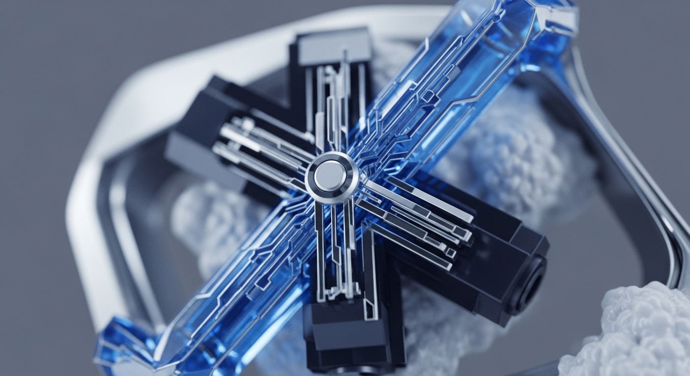 A high-resolution abstract render showcases a central, metallic cross-shaped mechanism, one arm glowing with intricate blue transparent pathways, suggesting digital data flow. The opposite arm is a solid, dark component, anchoring the structure amidst blurred, abstract white elements
