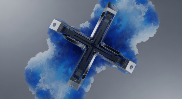 A robust, metallic X-shaped structure with dark internal components and shiny silver edges is set against a grey background. Vibrant blue and white cloud-like formations emanate and surround the structure, symbolizing dynamic energy or data flow. This visual metaphor illustrates a sophisticated cross-chain interoperability protocol, facilitating atomic swaps and liquidity aggregation within a multi-chain ecosystem. The intricate design represents advanced blockchain architecture and protocol orchestration essential for seamless DeFi composability and robust Web3 infrastructure.