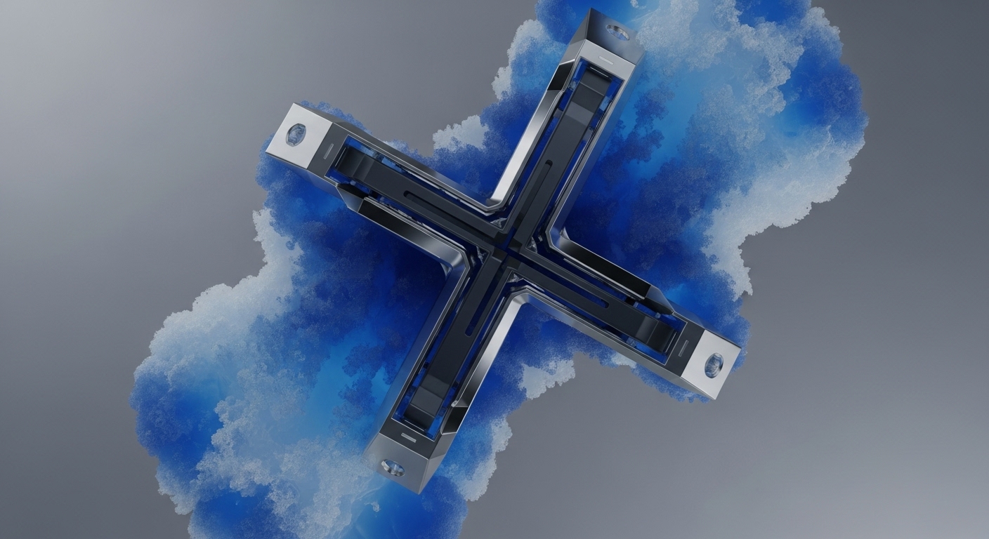 A robust, metallic X-shaped structure with dark internal components and shiny silver edges is set against a grey background. Vibrant blue and white cloud-like formations emanate and surround the structure, symbolizing dynamic energy or data flow. This visual metaphor illustrates a sophisticated cross-chain interoperability protocol, facilitating atomic swaps and liquidity aggregation within a multi-chain ecosystem. The intricate design represents advanced blockchain architecture and protocol orchestration essential for seamless DeFi composability and robust Web3 infrastructure.