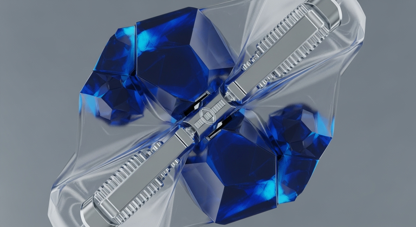 A central metallic, ribbed mechanism interacts with a transparent, flexible material, revealing clusters of deep blue, faceted structures on either side. The neutral grey background highlights the intricate interaction between the components