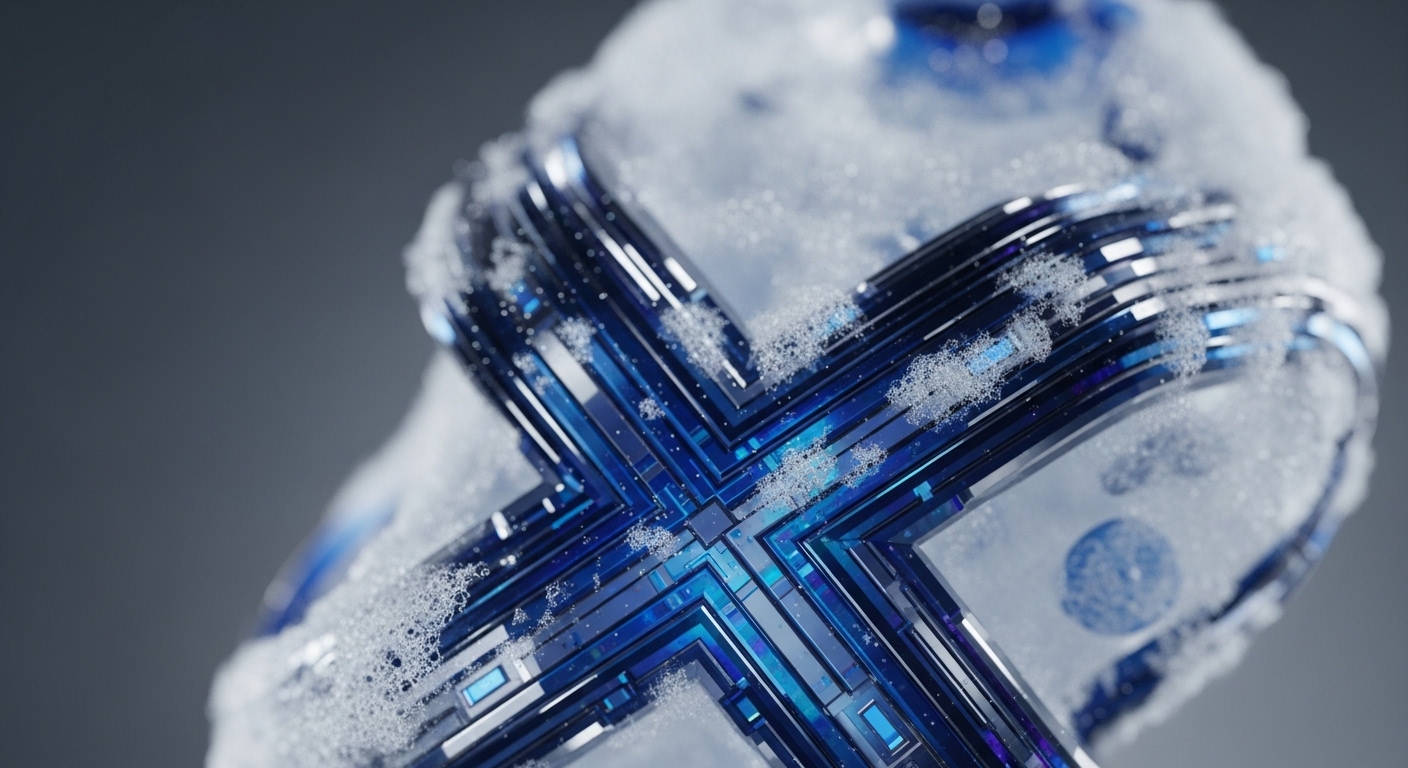 A detailed close-up reveals an intricate, metallic blue 'X' shaped structure, partially covered by a frosty, granular substance. The digital elements within the structure emit a subtle blue glow against a dark grey background