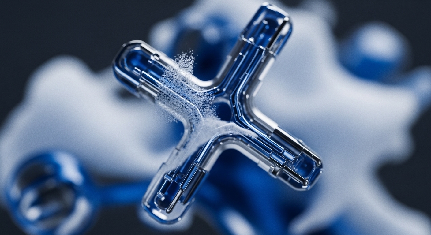 A central, gleaming, translucent blue 'X' shaped structure is sharply in focus, filled with effervescent liquid and numerous small white bubbles. Its intricate, segmented design features metallic edges, reflecting light and emphasizing internal channels