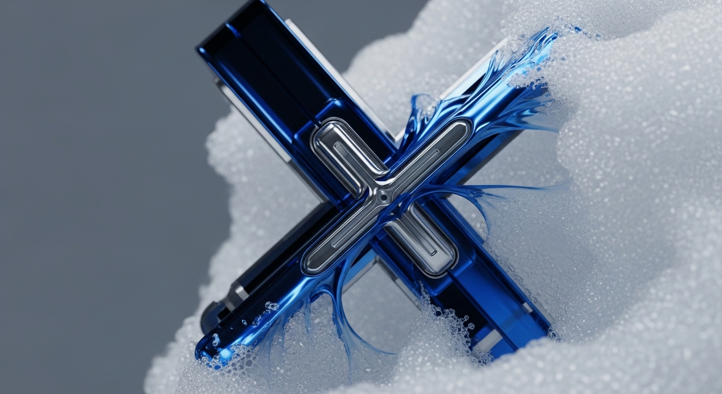 A close-up view showcases two highly polished, deep blue metallic structures arranged to form an 'X' shape, set against a muted grey background. White, frothy bubbles envelop parts of these structures, with clear blue liquid visibly splashing and flowing around their central intersection