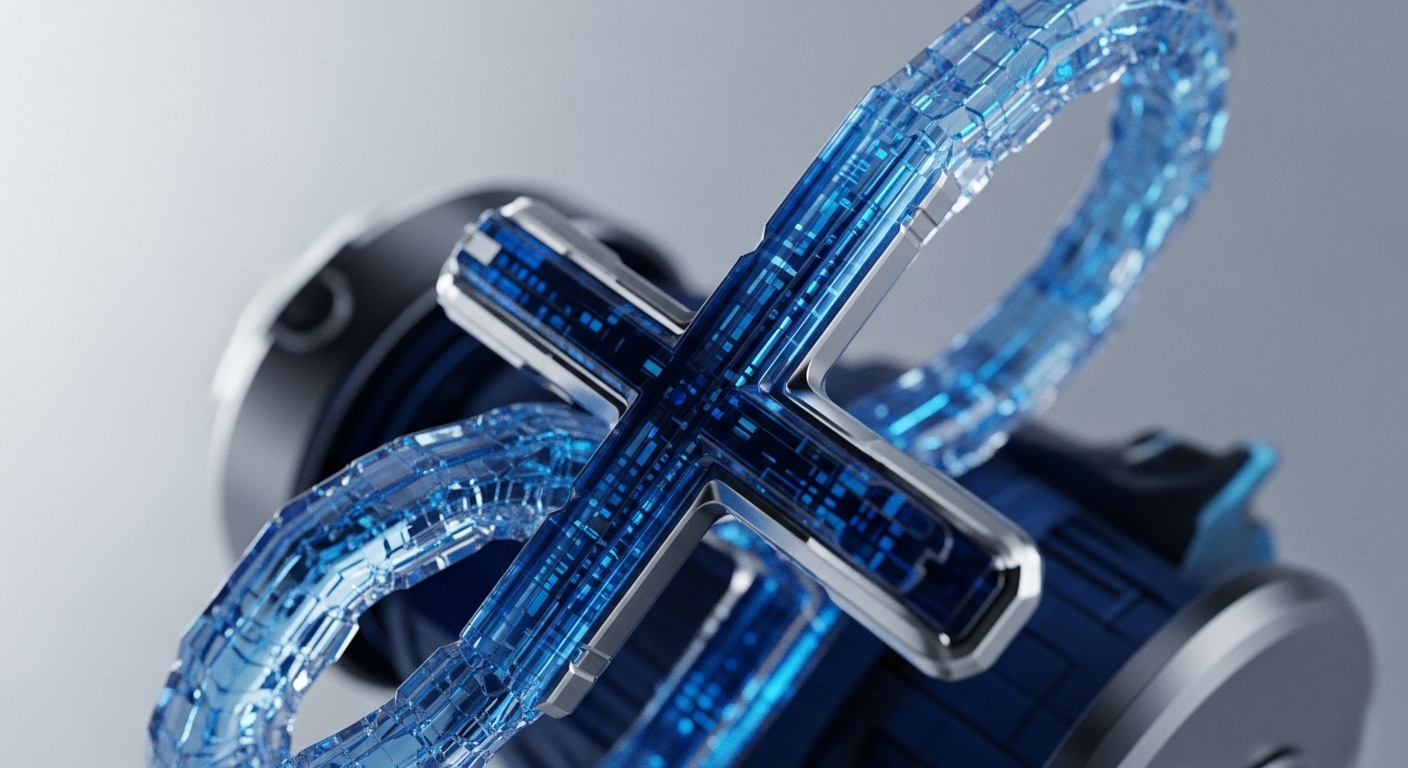 A futuristic blue crystalline 'X' glows with internal digital patterns, integrated into a segmented, looping translucent structure. This intricate design, set against a blurred high-tech backdrop, suggests advanced digital infrastructure