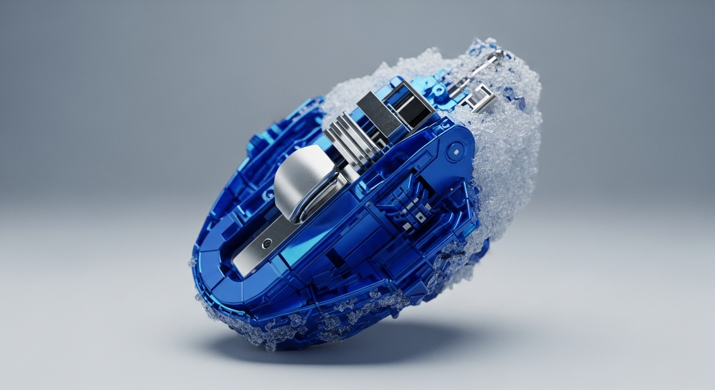 A striking blue, metallic hardware component, partially covered in a layer of frost and ice, is depicted against a neutral grey background. The object is angled dynamically, revealing intricate mechanical details and reflective surfaces