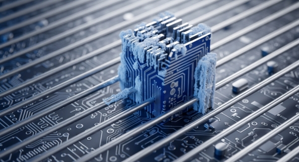A frosted blue circuit board, resembling a specialized processing unit with integrated heatsink fins, stands prominently amidst parallel metallic rods. This intricate hardware setup suggests extreme cryogenic cooling conditions essential for maintaining optimal performance in high-demand environments. The delicate ice formations symbolize robust security measures, akin to a cold storage solution or a secure enclave for cryptographic primitives. This advanced component could represent an ASIC mining device or a validator node within a distributed ledger technology network, emphasizing the critical role of efficient thermal management for sustained hash rate and overall blockchain network security.