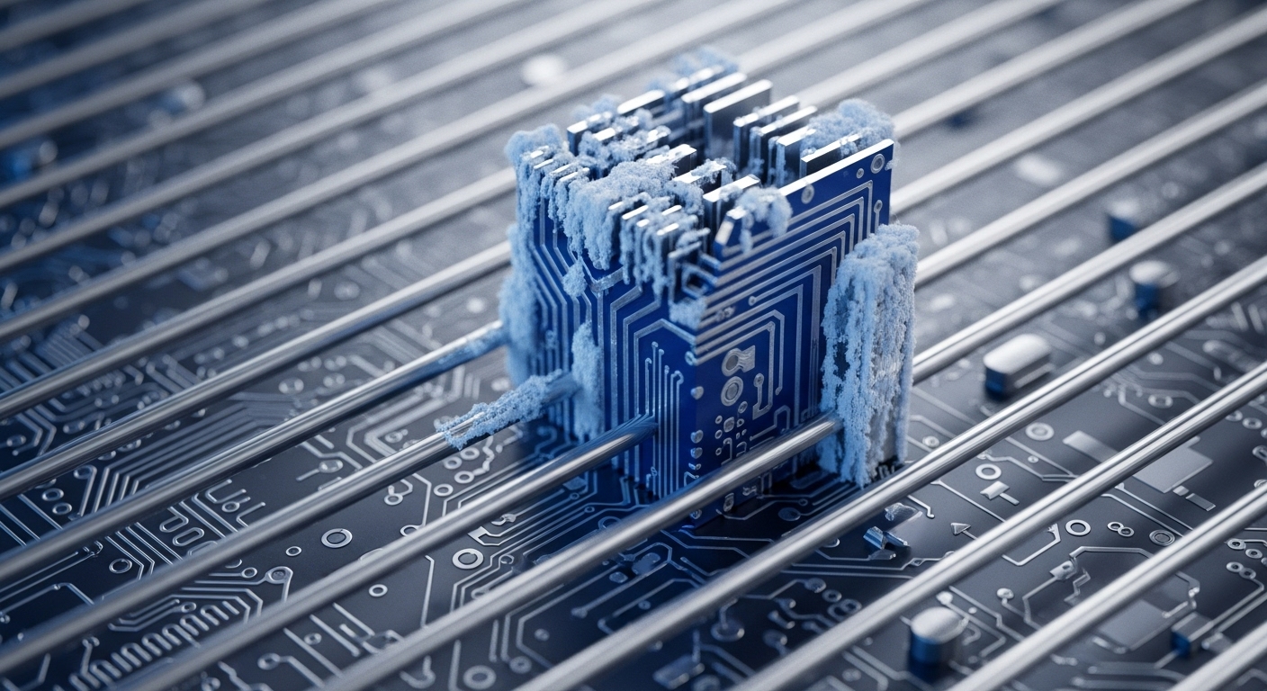 A central blue circuit board, appearing as a compact processing unit with finned heatsink elements, is heavily encrusted with white frost. It is positioned between multiple parallel silver metallic rods, all set against a background of dark grey circuit board patterns