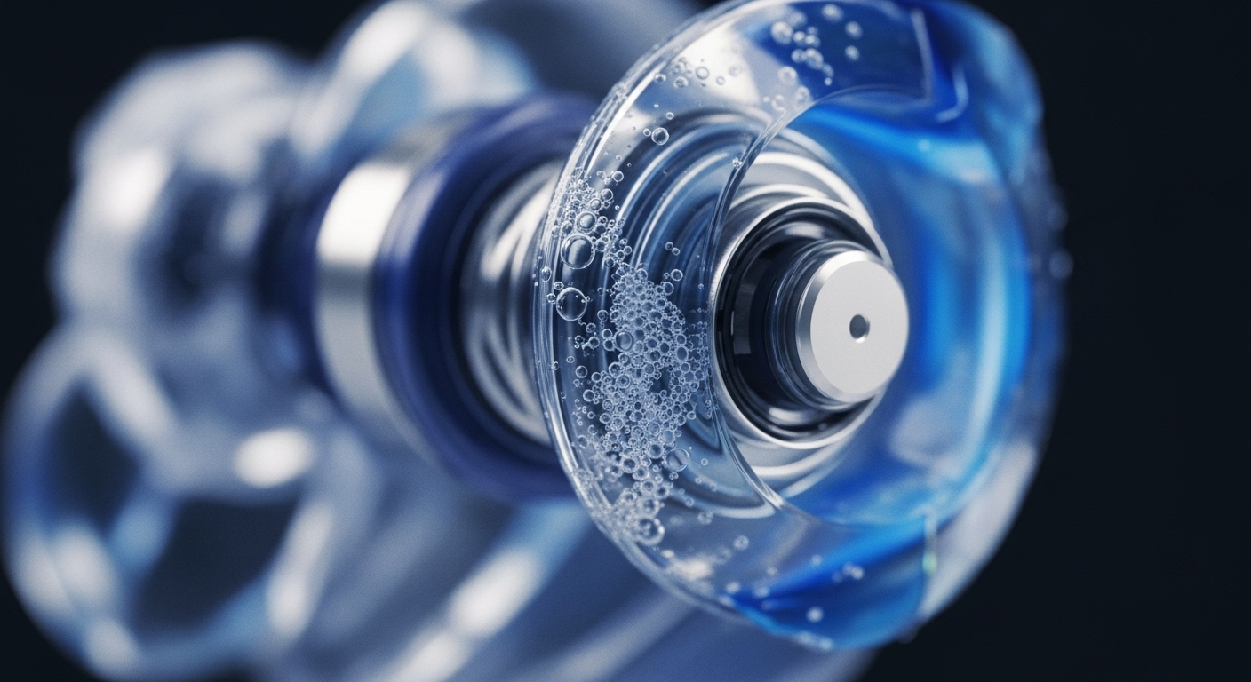 A detailed macro shot presents a complex, translucent mechanical component, featuring a central metallic core surrounded by clear fluid containing numerous bubbles. The outer structure is a vibrant blue, suggesting a dynamic, high-tech system in operation against a dark, blurred background