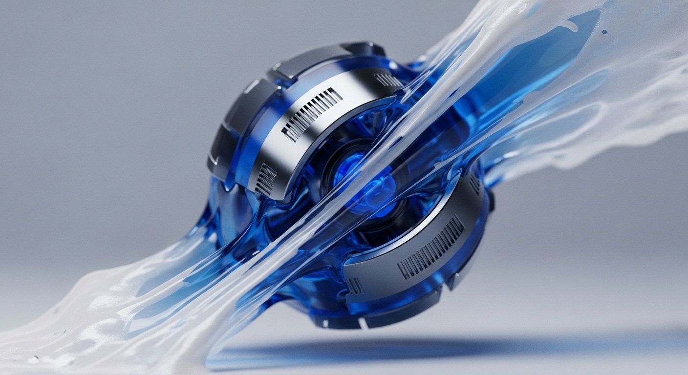 A futuristic, metallic and translucent blue spherical object is enveloped by a dynamic, flowing white and azure substance, set against a muted grey background. The central apparatus showcases intricate silver-toned bands with finely detailed ventilation or data ports, and a glowing blue core
