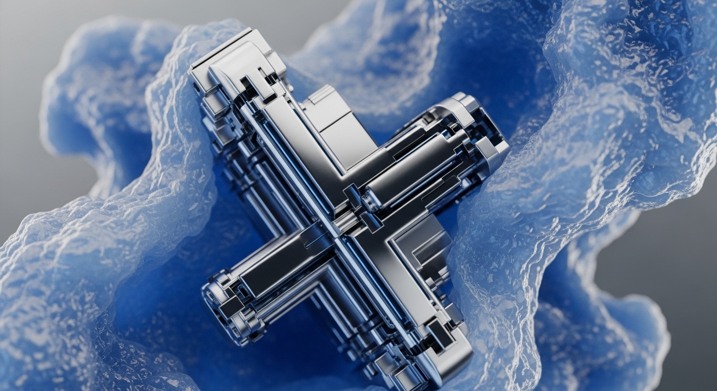 A highly detailed, silver-toned, cross-shaped mechanical component rests embedded in a vibrant, textured blue material. The metallic structure features complex interlocking segments and reflective surfaces, while the surrounding blue substance appears organic and translucent, with varying depths of color