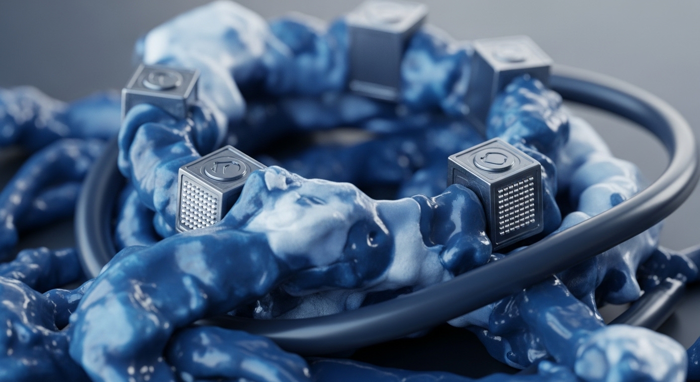 The image showcases a complex arrangement of dark and light blue, organic-looking structures intertwined with metallic grey cubes and a smooth, circular grey ring. The blue elements exhibit a viscous, almost fluid texture, while the cubes are precisely engineered with grid patterns on their sides and circular symbols on their top surfaces