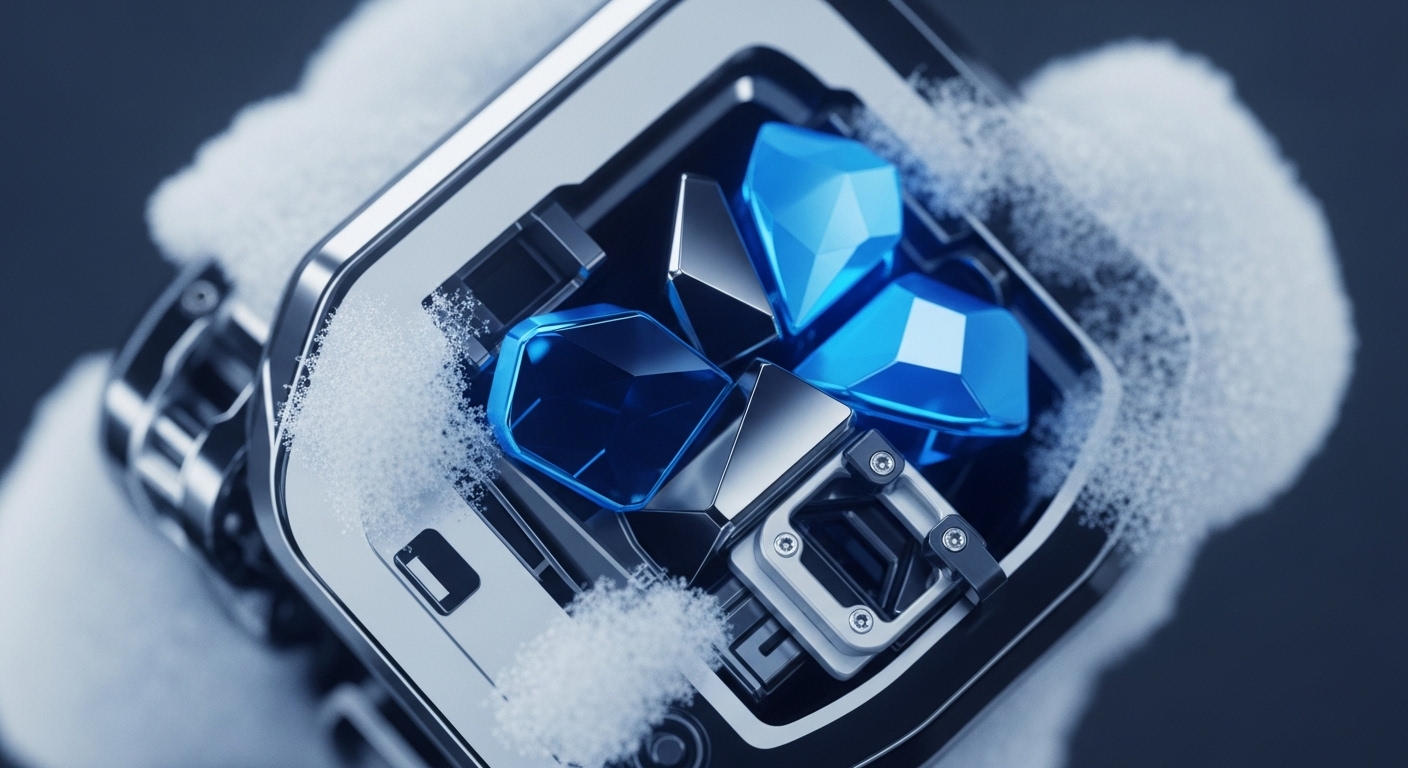 A close-up view presents a futuristic, metallic hardware device, partially adorned with granular frost, held by a white, textured glove. The device's open face reveals an intricate arrangement of faceted blue and silver geometric forms nestled within its internal structure