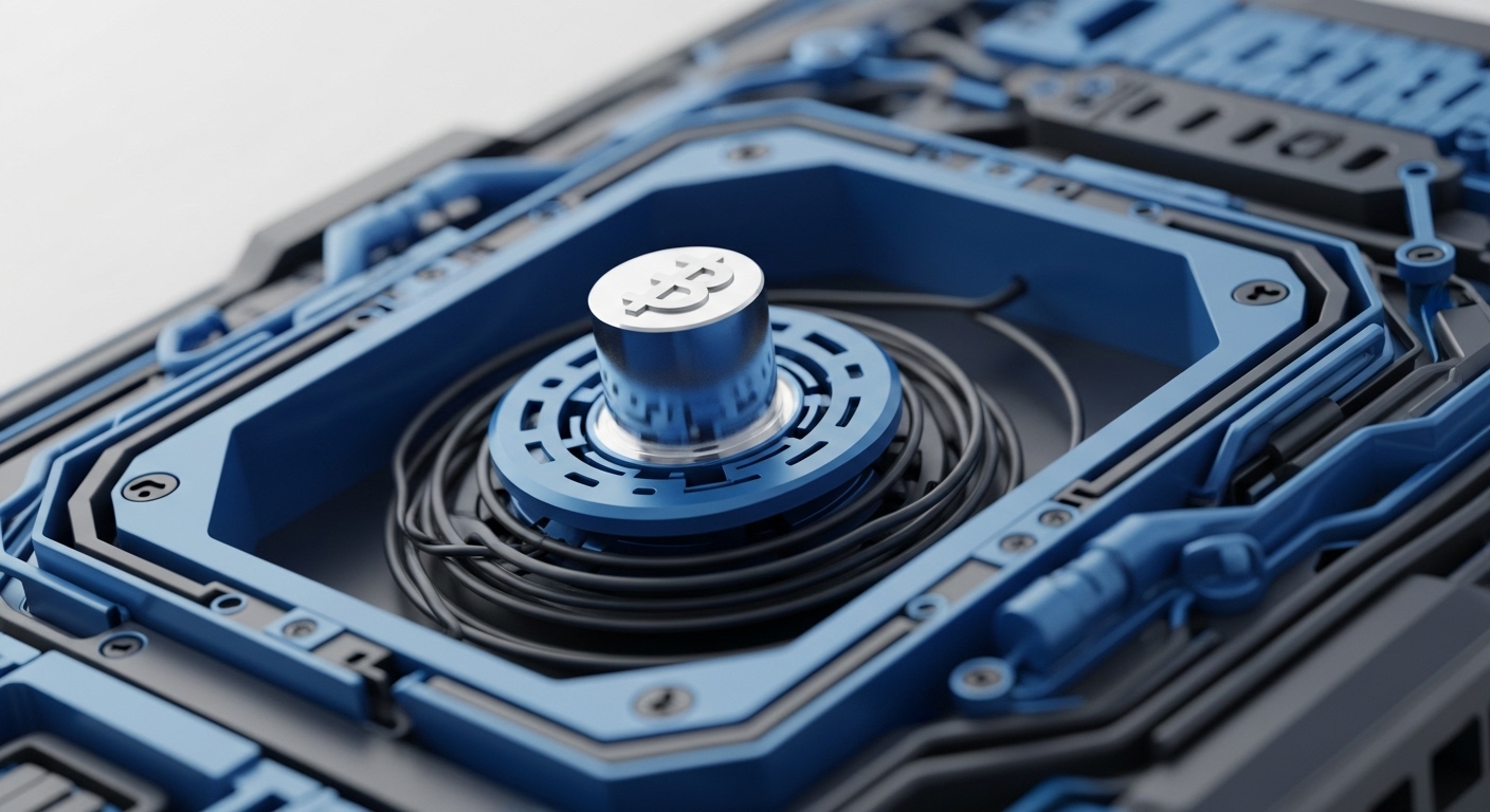 The image presents a detailed, close-up view of a sophisticated blue and dark grey mechanical apparatus. Centrally, a metallic cylinder prominently displays the Bitcoin symbol, surrounded by neatly coiled black wires and intricate structural elements