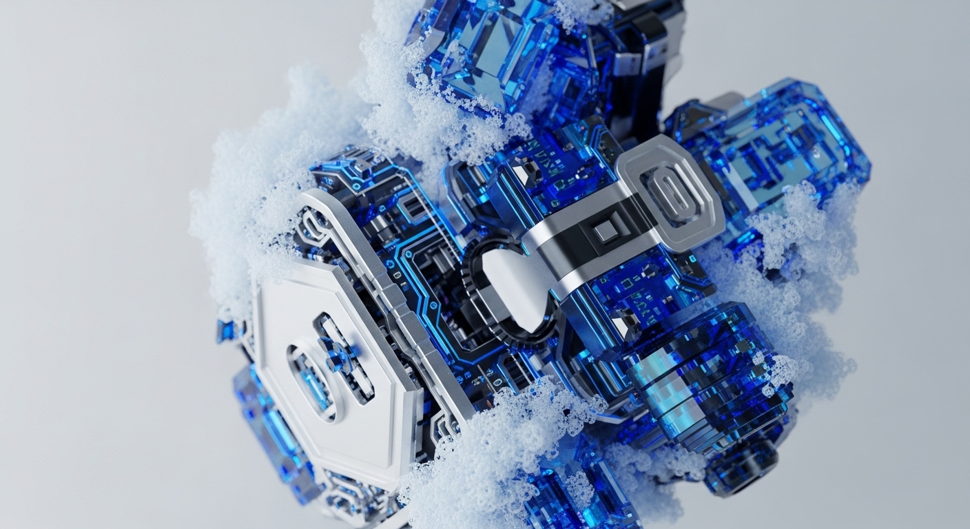 The image displays a complex, angular structure composed of transparent blue modules and silver-white metallic frames. Fluffy, snow-like material adheres to and partially covers various sections of the blue components