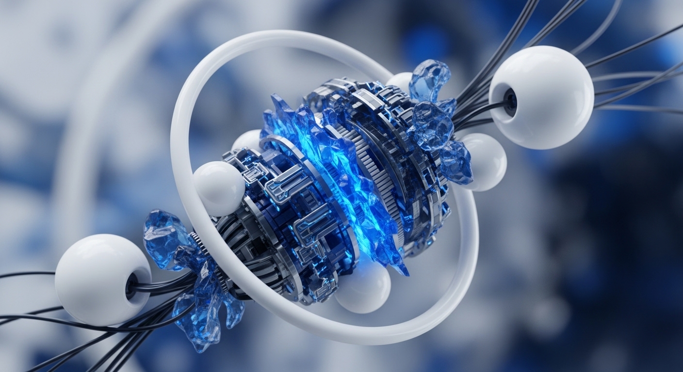 A sophisticated abstract mechanism displays a vibrant blue glowing core surrounded by metallic structures and interconnected white spherical nodes. Thin dark wires connect these nodes, with a large white ring partially enclosing the central element, all set against a blurred blue and white background