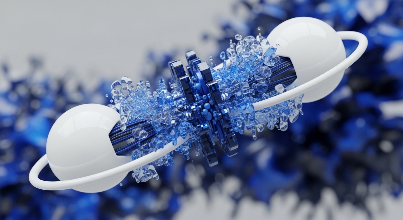 The image presents a striking abstract composition centered on a dynamic, interconnected structure. Two sleek, glossy white spheres, each adorned with a minimalist white ring, flank a complex central mechanism