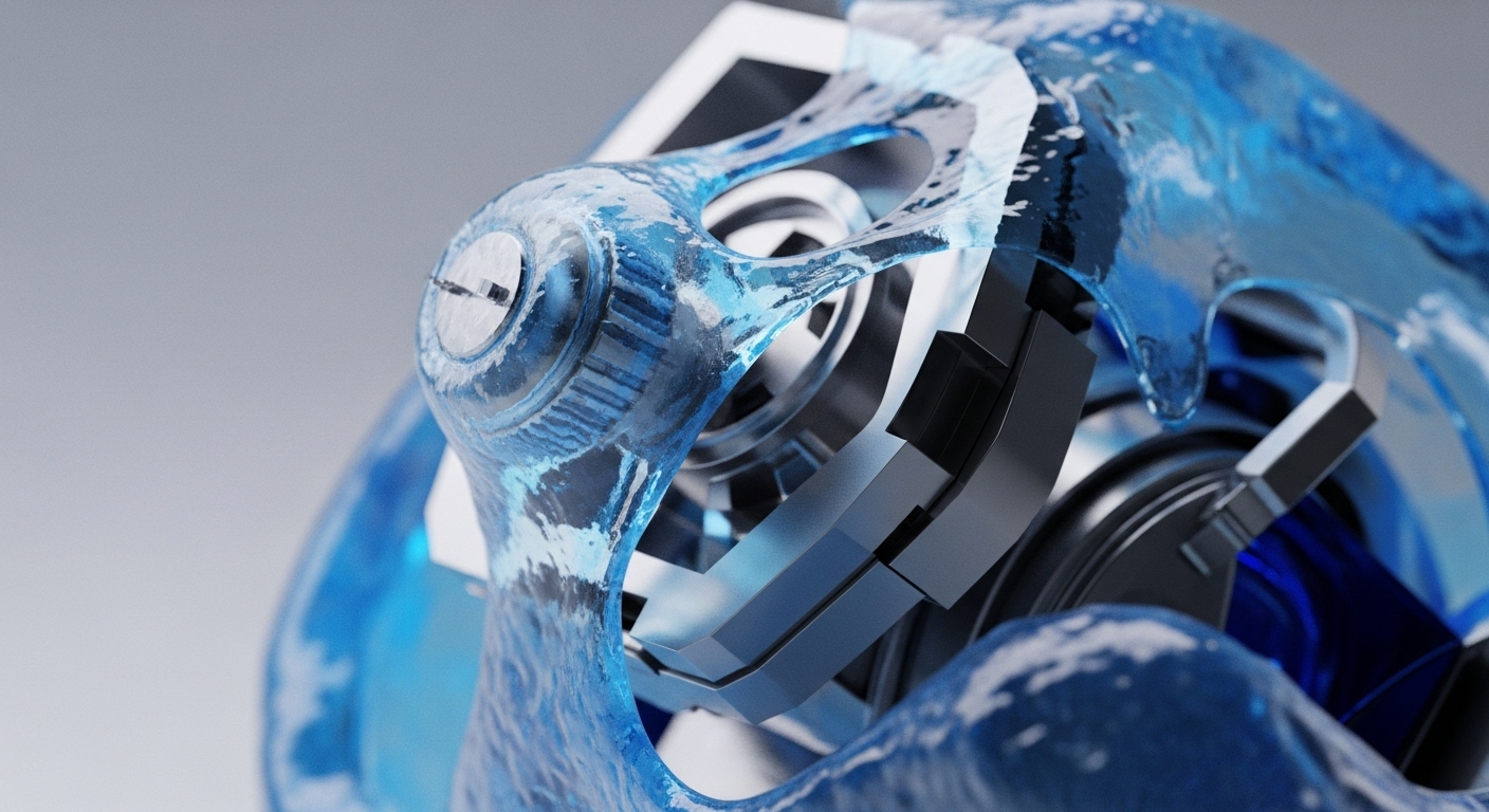 A close-up reveals precise metallic gears and a central screw-like component intricately interacting with a flowing, translucent blue liquid, set against a muted grey background. This abstract representation symbolizes the complex engineering behind Web3 infrastructure and high-performance digital asset infrastructure