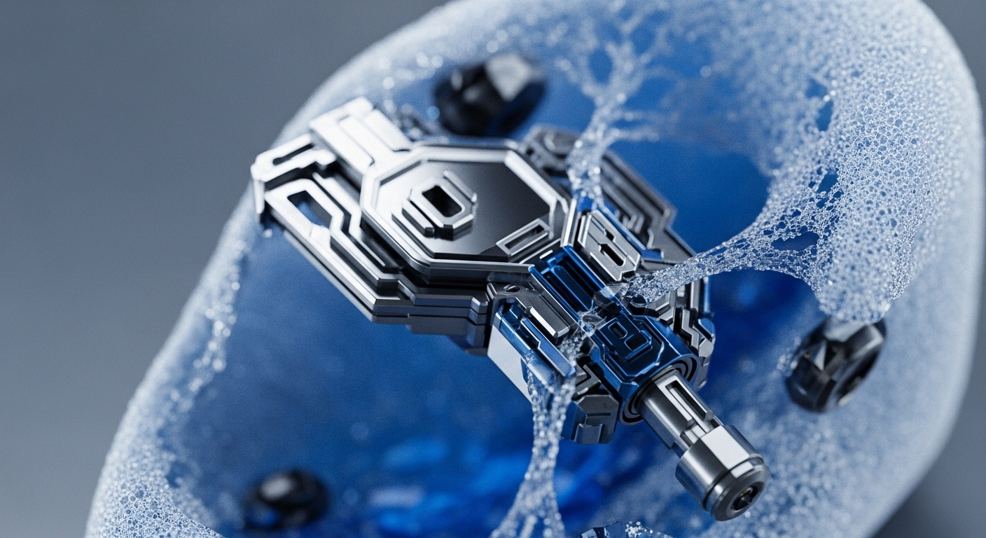 A sophisticated, multi-layered metallic mechanism, featuring dark and bright silver elements alongside striking blue internal components, is depicted interacting with a vibrant blue, translucent, and highly textured foamy substance. This substance intricately envelops and connects to the mechanism, forming delicate, web-like structures composed of numerous tiny bubbles
