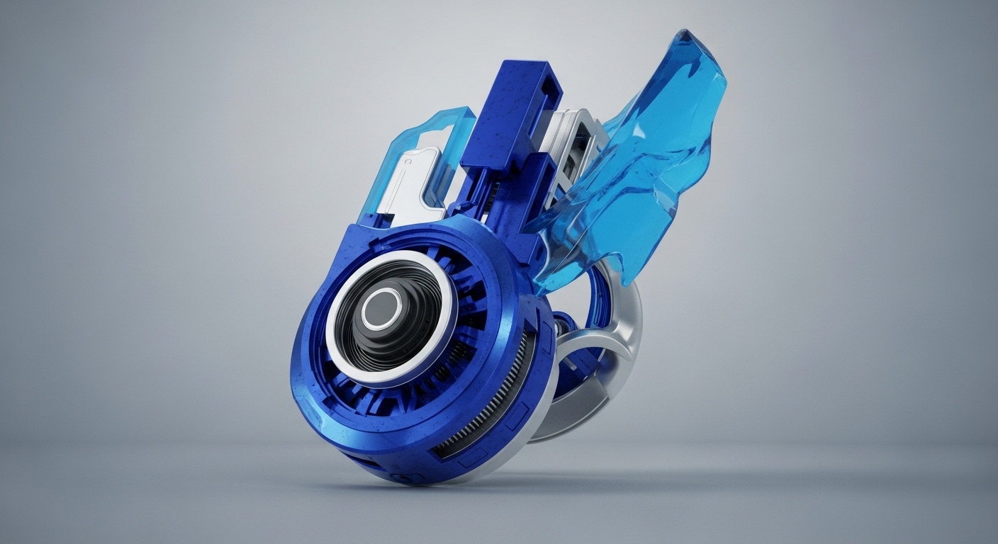 A detailed render showcases a futuristic device, primarily in metallic blue and silver with transparent azure accents. The central circular component features intricate internal structures, resembling a sophisticated engine