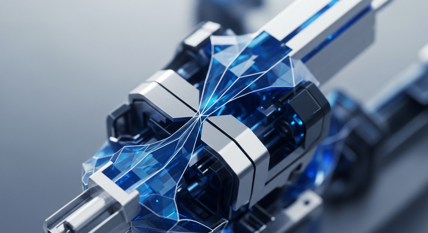 A highly detailed, futuristic mechanism is presented, composed of sleek silver metallic casings and intricate, glowing blue crystalline structures. Luminous blue lines crisscross within and around transparent facets, converging at a central hub, set against a softly blurred grey background