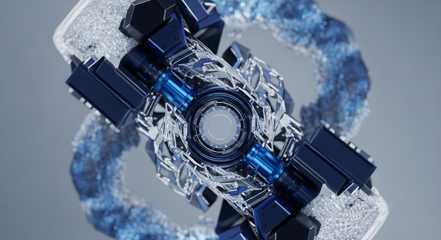 A futuristic, dark blue and transparent crystalline apparatus is prominently displayed against a soft grey background. Its central circular core, emitting a soft blue glow, is surrounded by intricate, angular components and ethereal blue structures that appear to orbit or flow around it