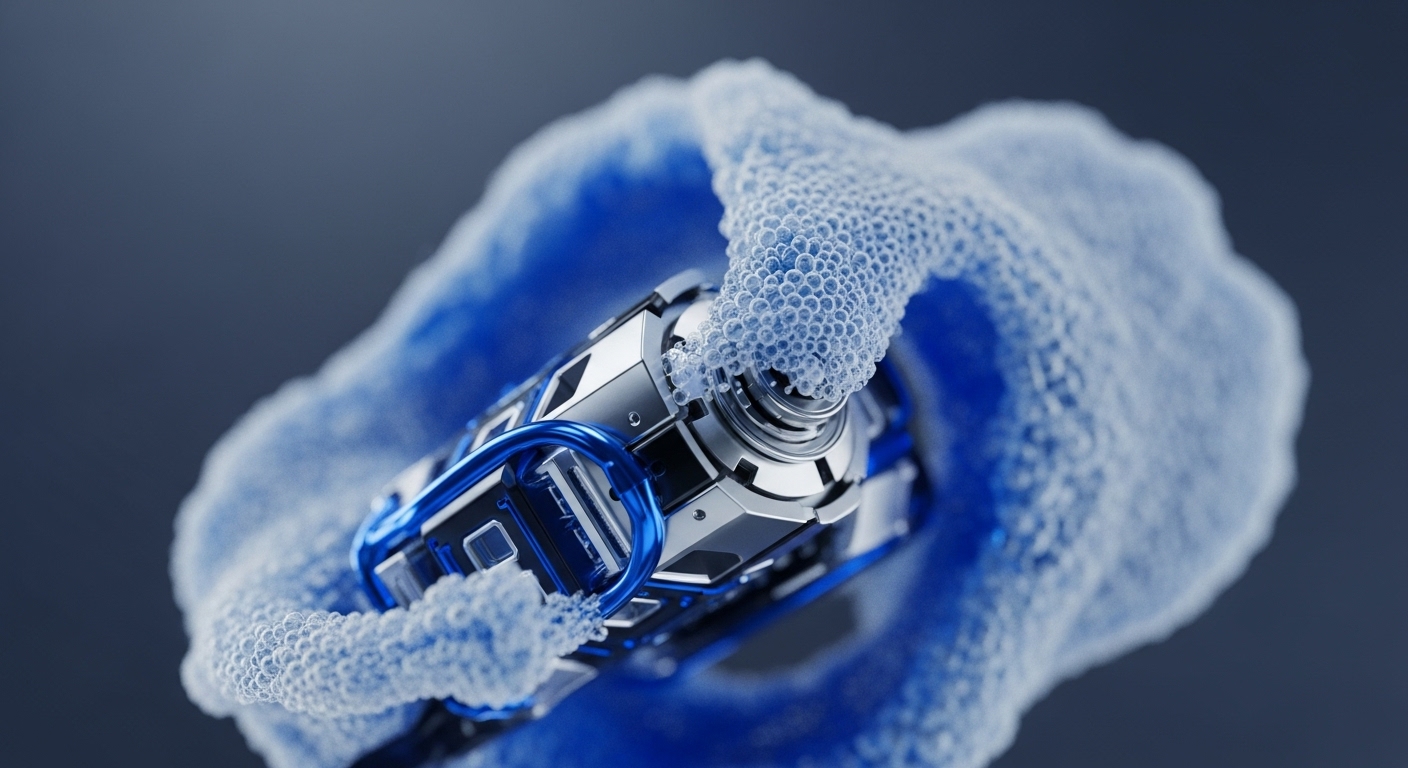 A metallic, cylindrical, high-tech device with blue accents is shown enveloped by a dynamic, bubbly blue substance. The background is a blurred dark grey, emphasizing the central object and its effervescent interaction