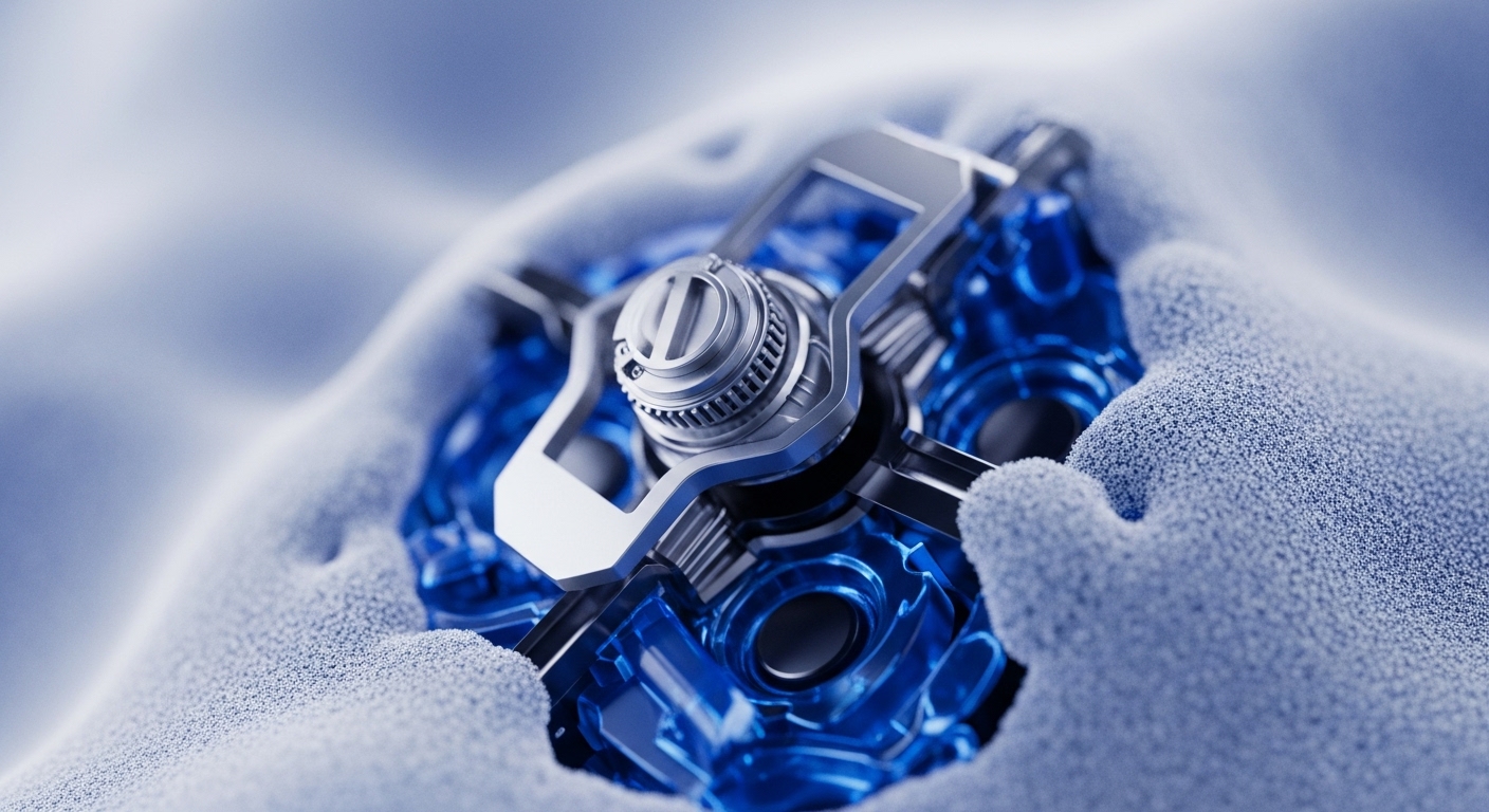 A close-up view reveals a highly detailed, futuristic mechanical device, featuring silver metallic components and translucent blue sections, partially submerged in a fine, light blue granular material. The central circular mechanism is prominent, surrounded by structural elements that extend into the textured substrate