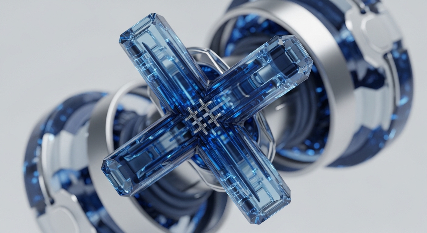 A detailed close-up shows a prominent blue, translucent, faceted "X" shape at its center, connected by metallic grid-like fasteners. Behind it, out-of-focus cylindrical structures with metallic and glowing blue elements are visible