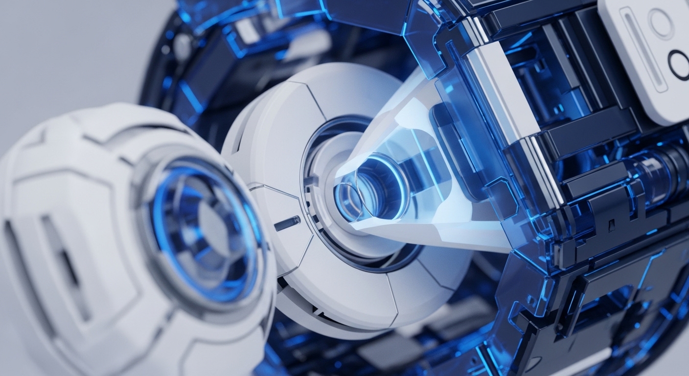 A detailed perspective showcases advanced, interconnected mechanical components in a high-tech system, characterized by white, dark blue, and glowing electric blue elements. The composition highlights precision engineering with transparent blue conduits indicating dynamic energy or data transfer between modules